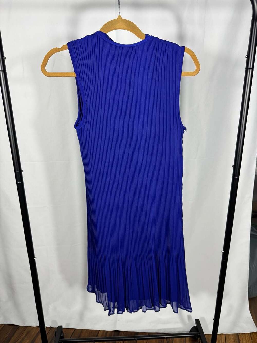 DKNY Sleeveless Accordion Pleated Tie Neck Shift Dress in Cobalt Blue - Picture 2 of 3